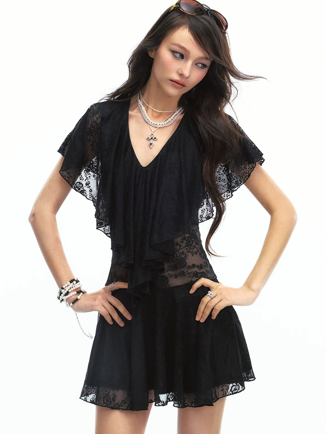 SereneEase Sheer Lace Deep V-Neck Close-Fit Mini Dress - Black