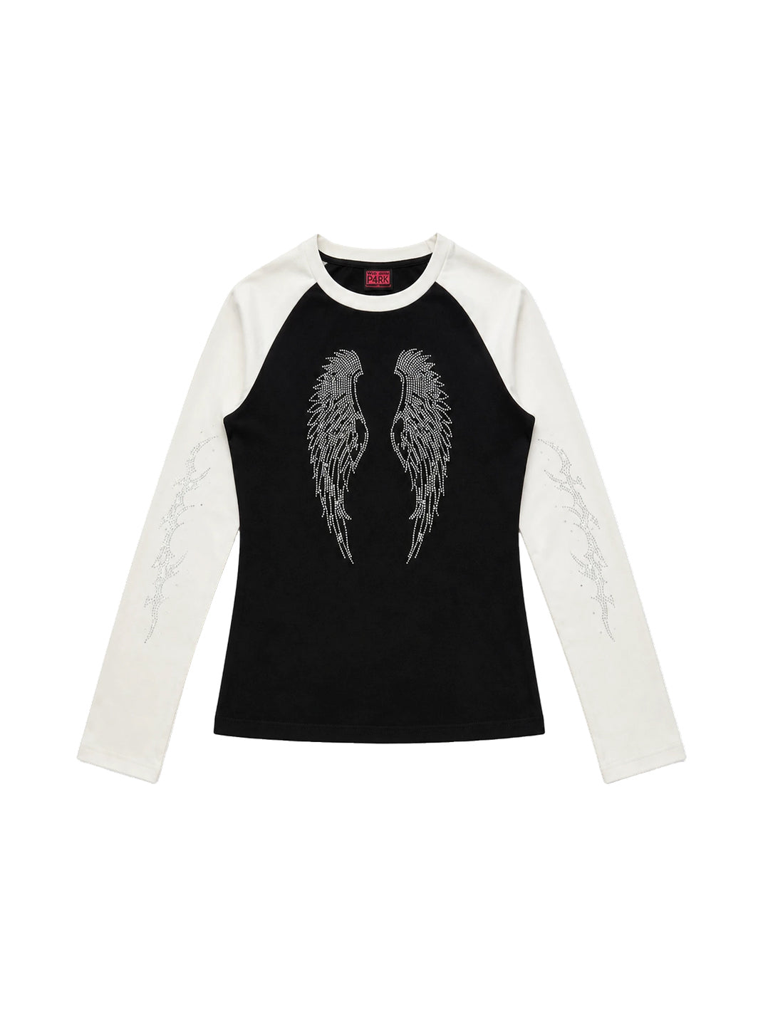 PAIKI Rhinestone Winged Raglan Long Sleeve T-Shirt - Black