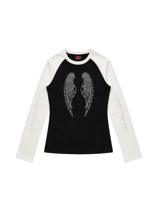 PAIKI Rhinestone Winged Raglan Long Sleeve T-Shirt - Black