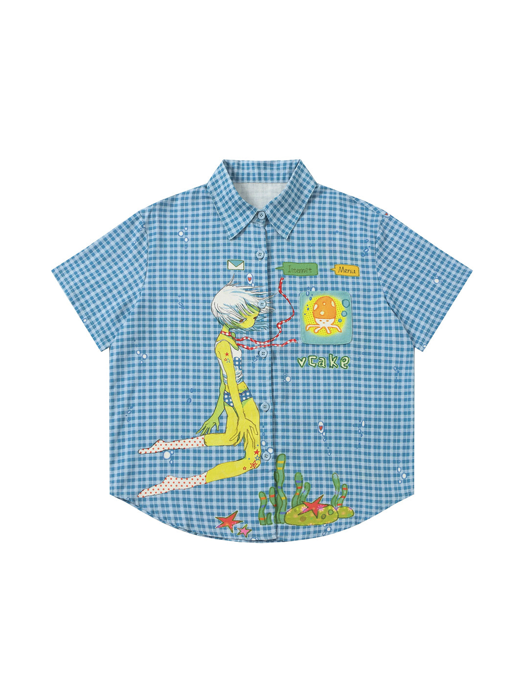 BlackBerry Blue Plaid Short-Sleeve Shirt with Playful Ocean Motifs - Blue