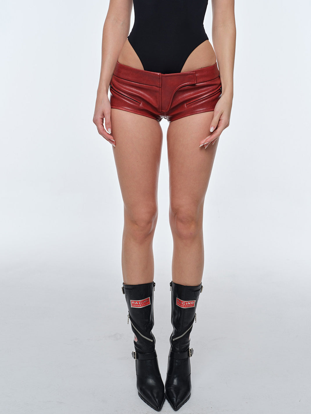 BUM STUDIO Waxy Ultra Low-Rise Faux-Leather Shorts - Red