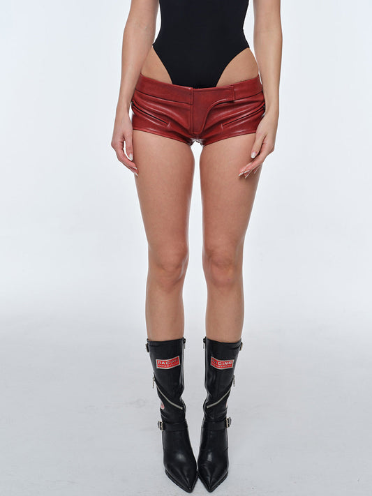 BUM STUDIO Waxy Ultra Low-Rise Faux-Leather Shorts - Red
