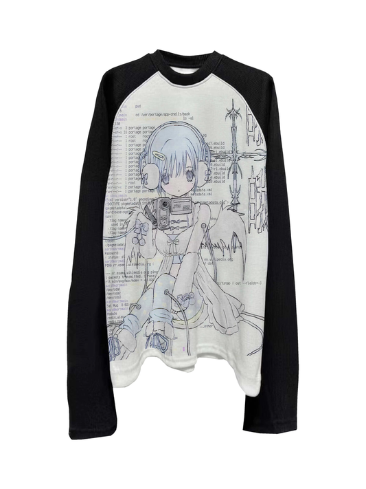 SHIBU Anime Print Raglan Long-Sleeve T-Shirt - Black