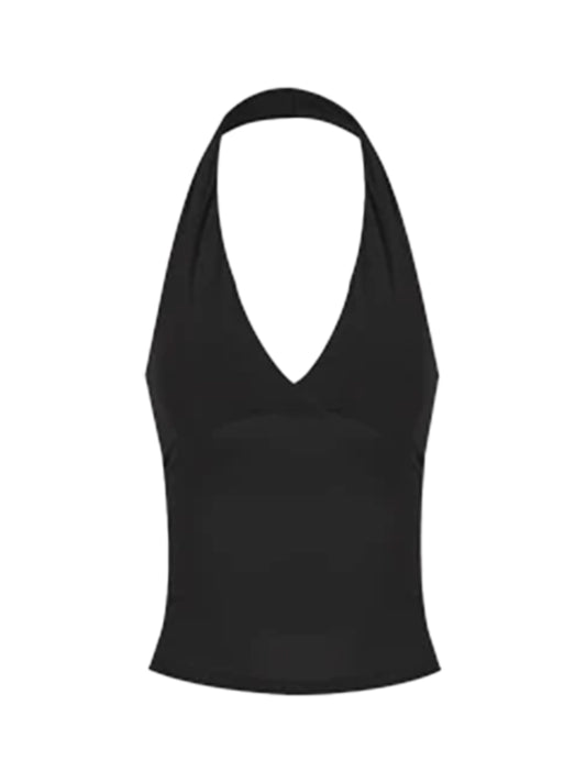 Anna aneae Halter V-Neck Cropped Tank Top - Black