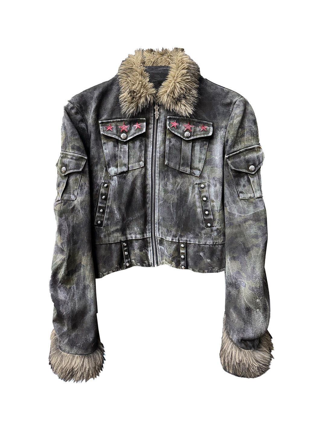 DETW Asymmetric Distressed Studded Fur Collar Jacket - Gray
