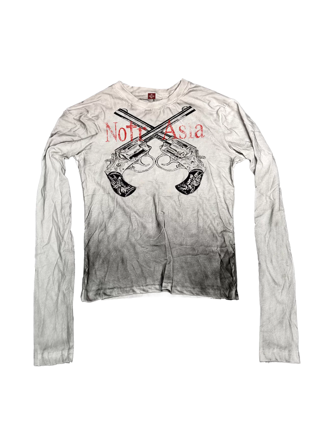 DETW Washed Distressed Dirty Dye Dual Gun Slogan Graphic Long Sleeve T-Shirt - White