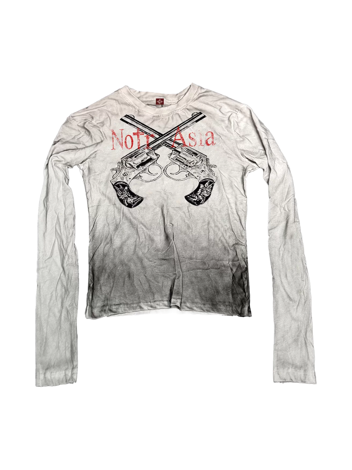 DETW Washed Distressed Dirty Dye Dual Gun Slogan Graphic Long Sleeve T-Shirt - White