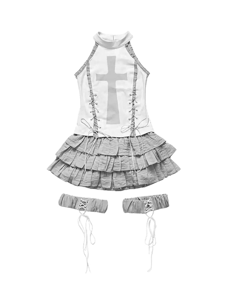 Wsw Gothic Cross Print Tiered Ruffle Skirt Set - White