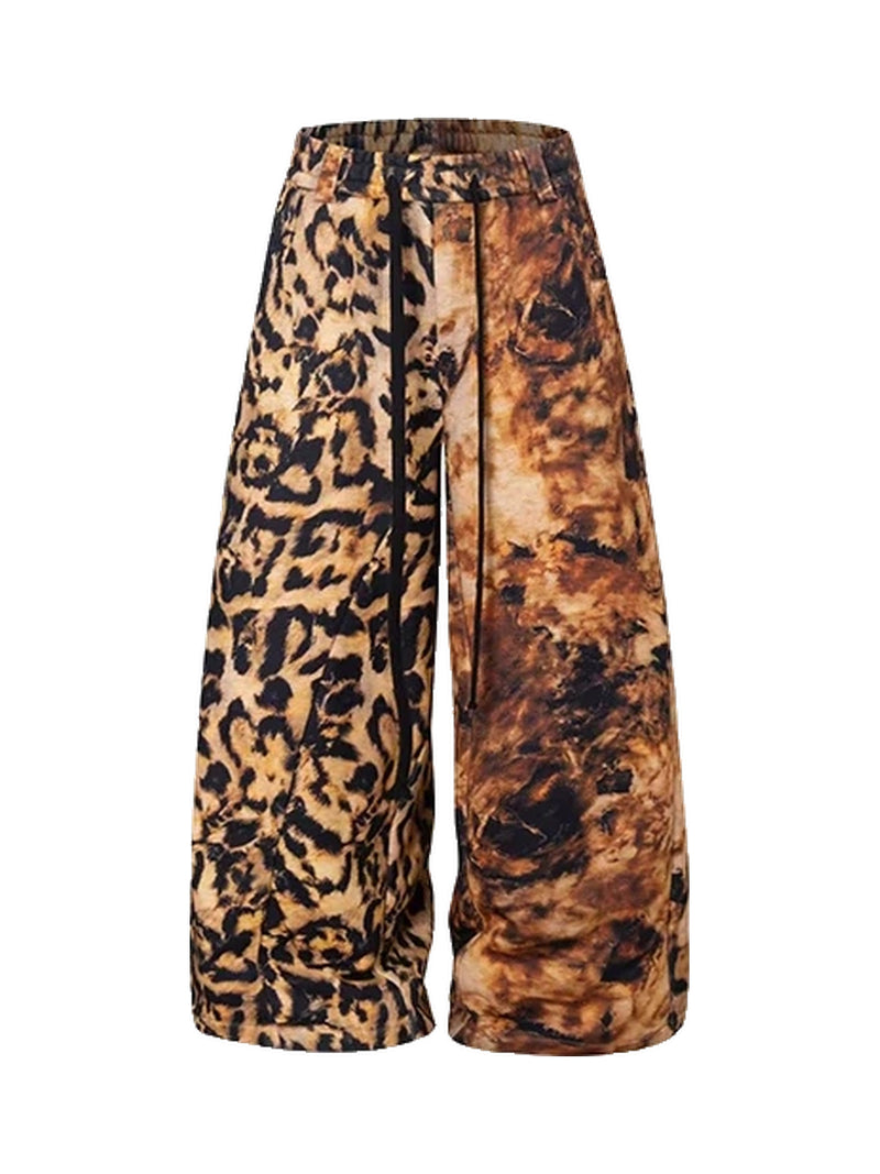 DARKRTPTS Distressed Leopard Print Drawstring Relaxed Wide-Leg Sweatpants - Leopard