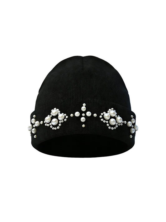 YADcrew Pearl-Studded Knitted Beanie - Black
