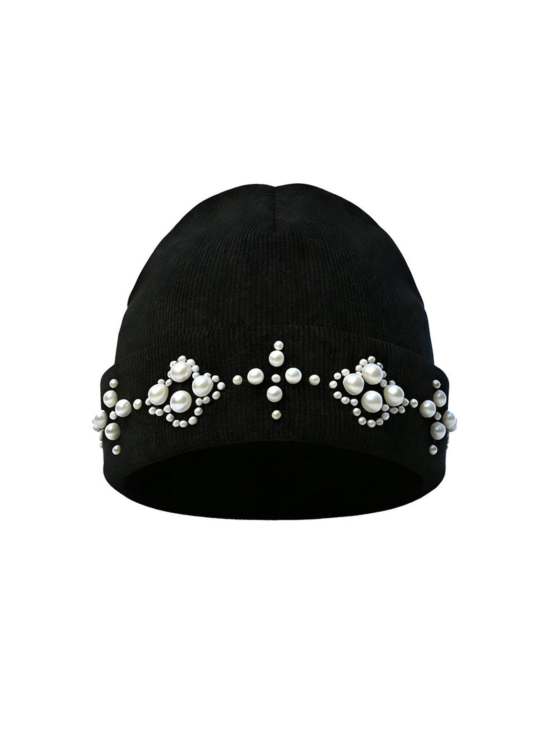 YADcrew Pearl-Studded Knitted Beanie - Black