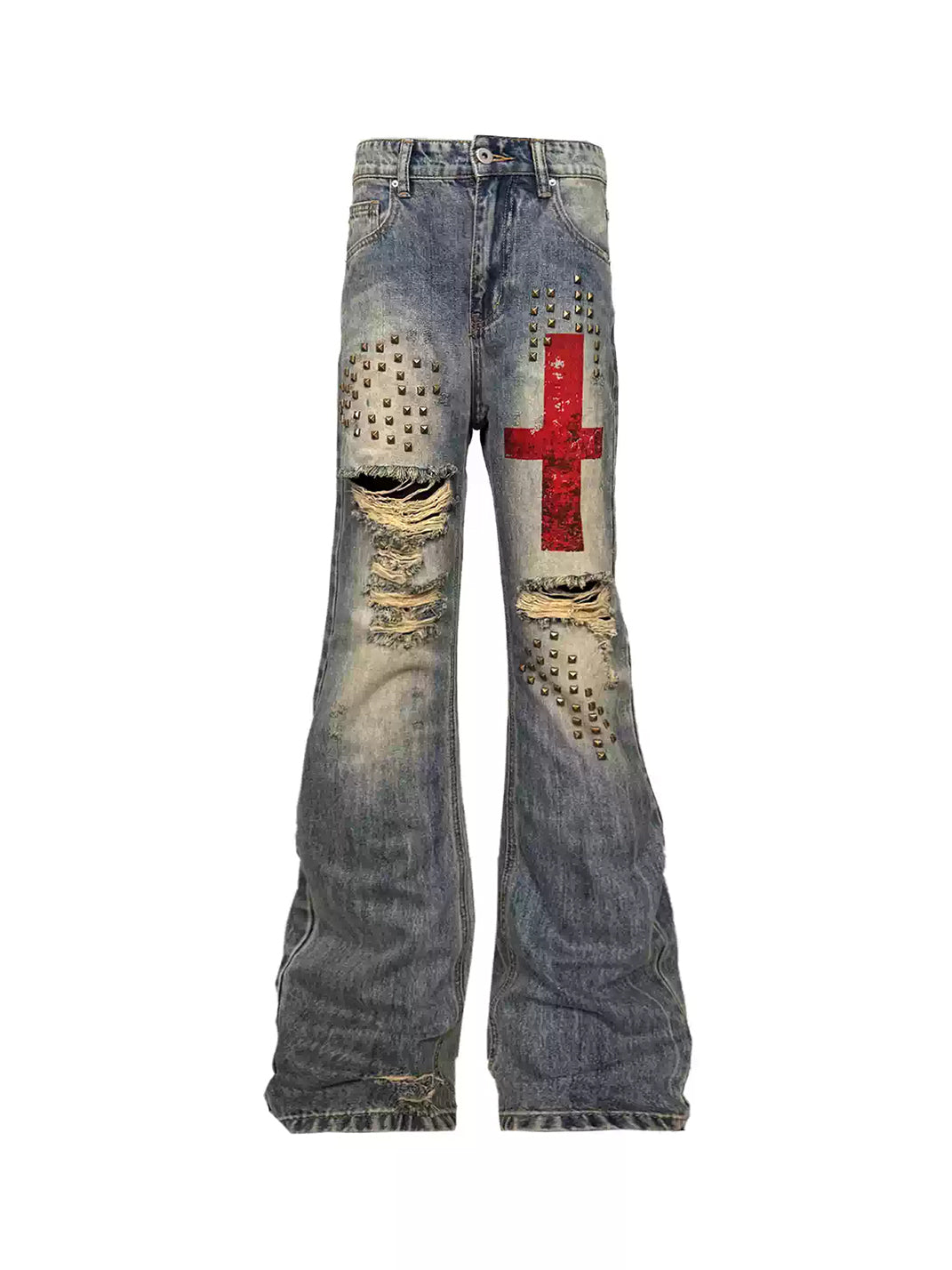 DETW Cross Blood-Stained Hand-Studded Distressed Jeans - view 1