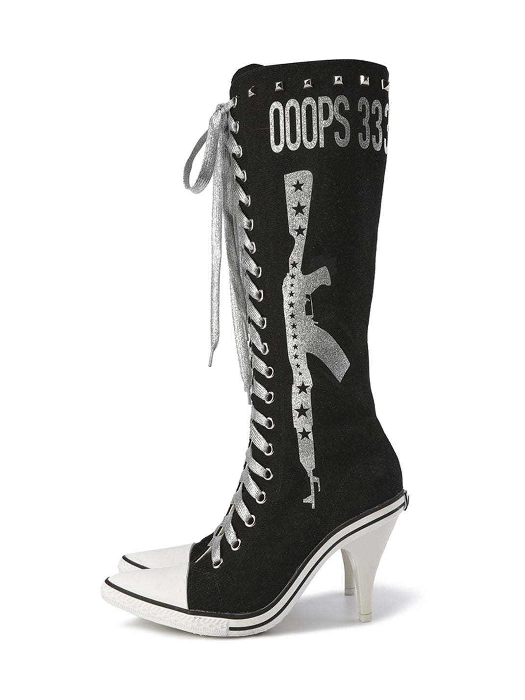 Ooops333 Pistol-Print Studded High-Heeled Boots - Black
