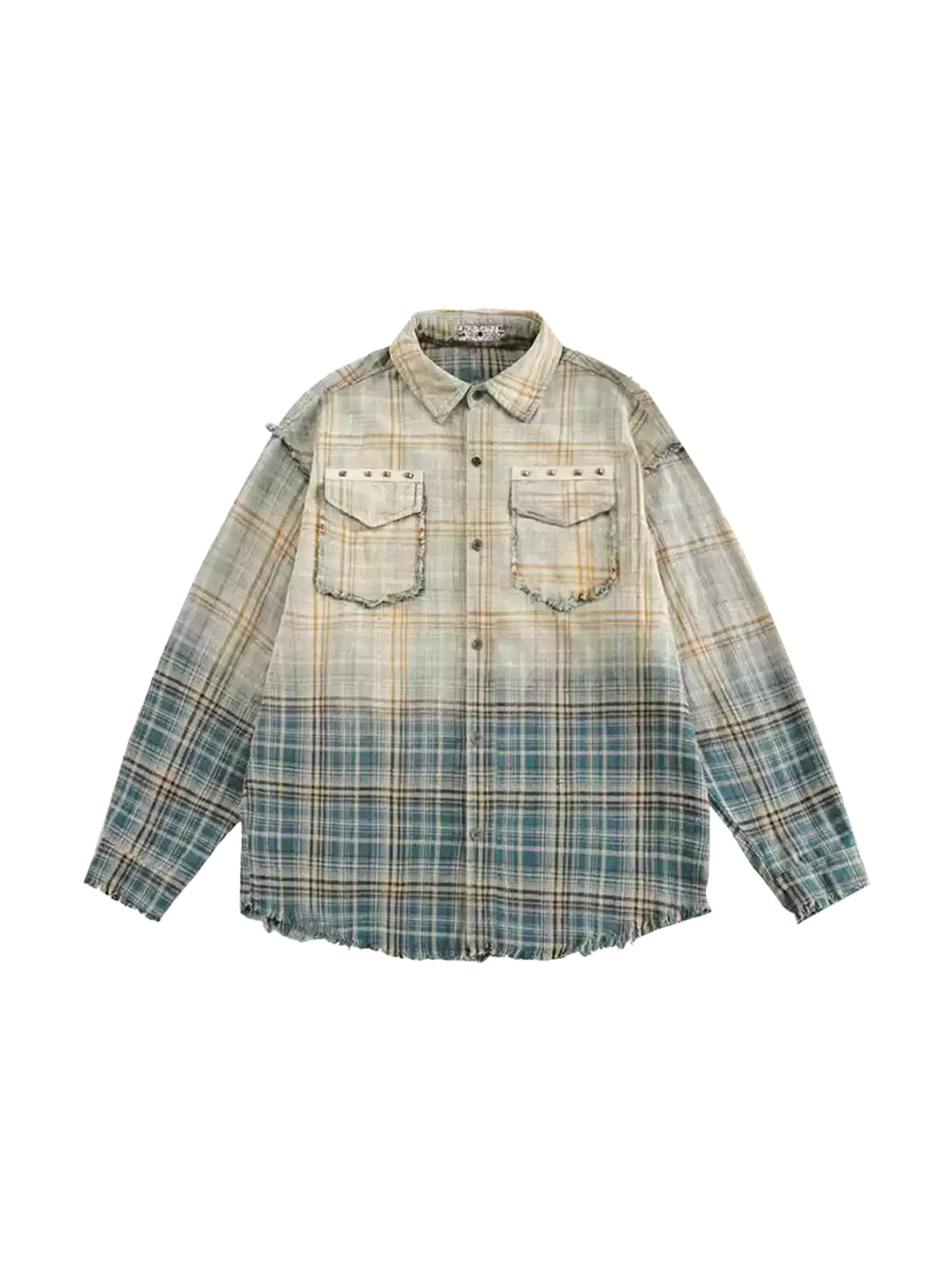 Wonderful Story Gradient Distressed Plaid Long Sleeve Shirt - Gradient Blue