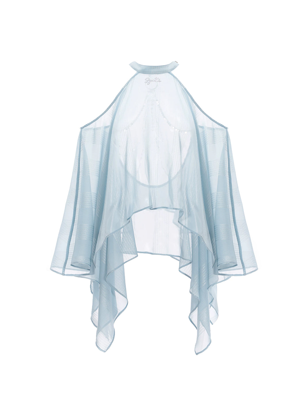 JYOSEI Light Blue Sheer Chiffon Off-Shoulder Chain Trim Top - Blue