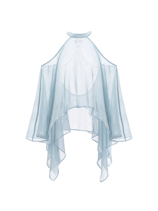 JYOSEI Light Blue Sheer Chiffon Off-Shoulder Chain Trim Top - Blue