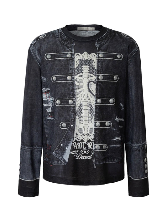 YADcrew 3D Layered Napoleon Jacket Graphic Long Sleeve T-Shirt - Black