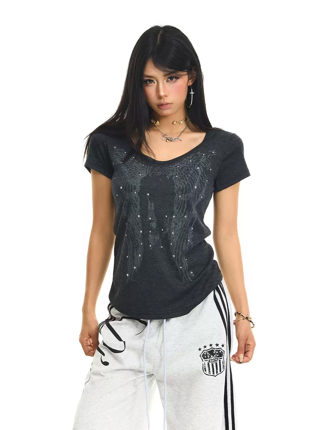 JHYWZD V-Neck Crystal T-Shirt - view 1