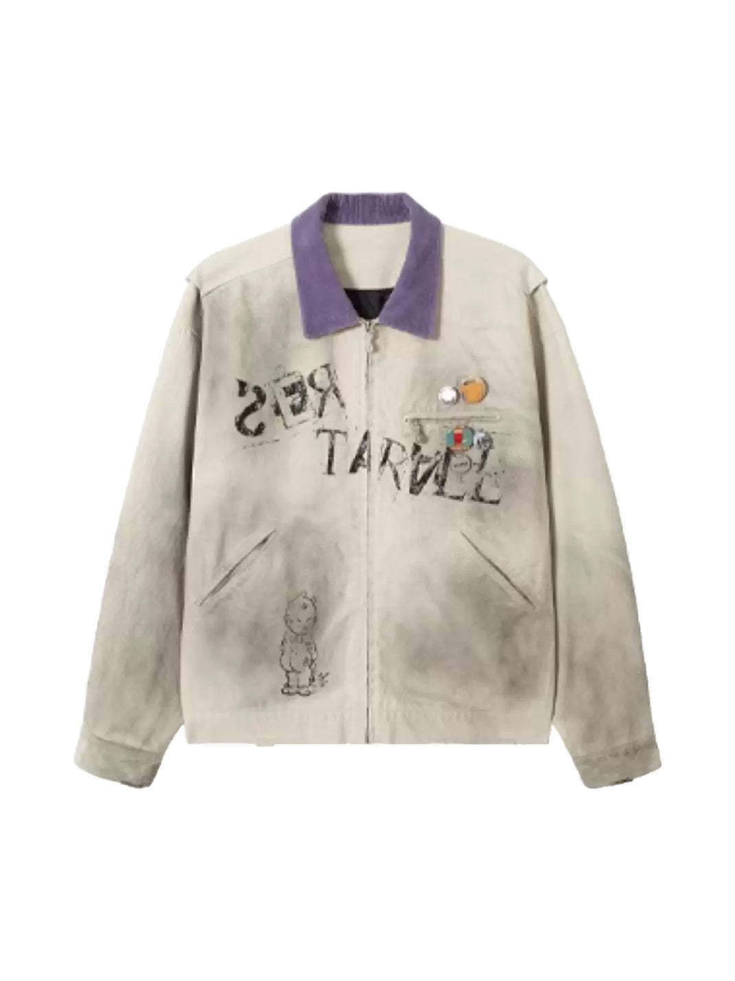 Wonderful Story Colorblock Collar Badge Print Jacket - Mist White