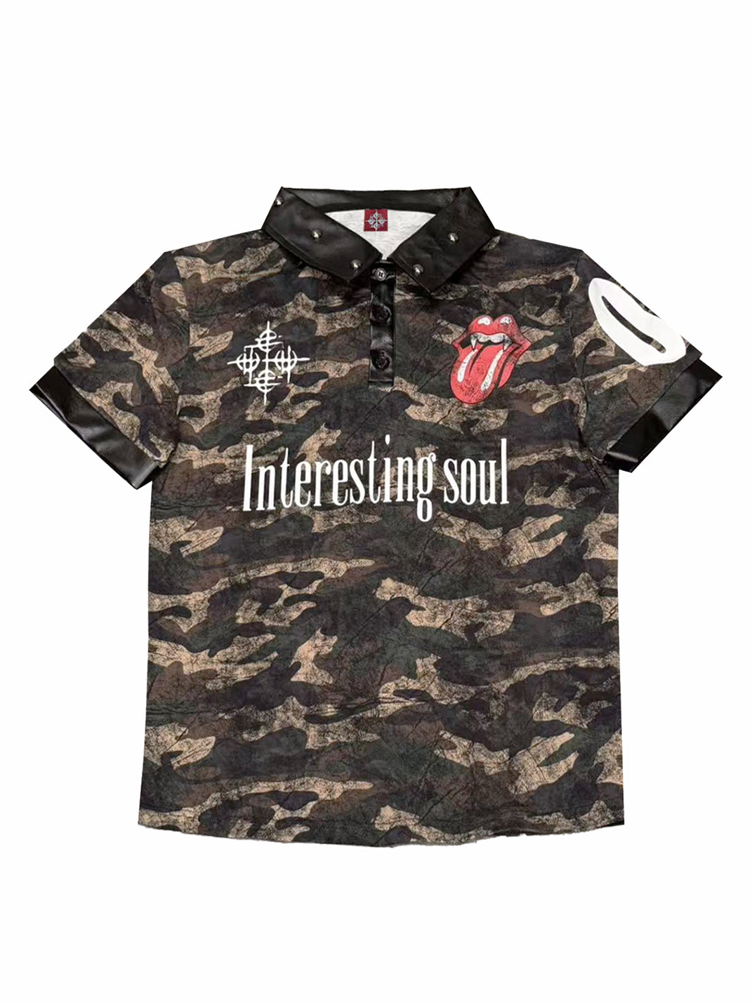 DETW Silver Hot Stamping Tongue Graphic Leather Spliced Rivet Polo T-Shirt - view 1