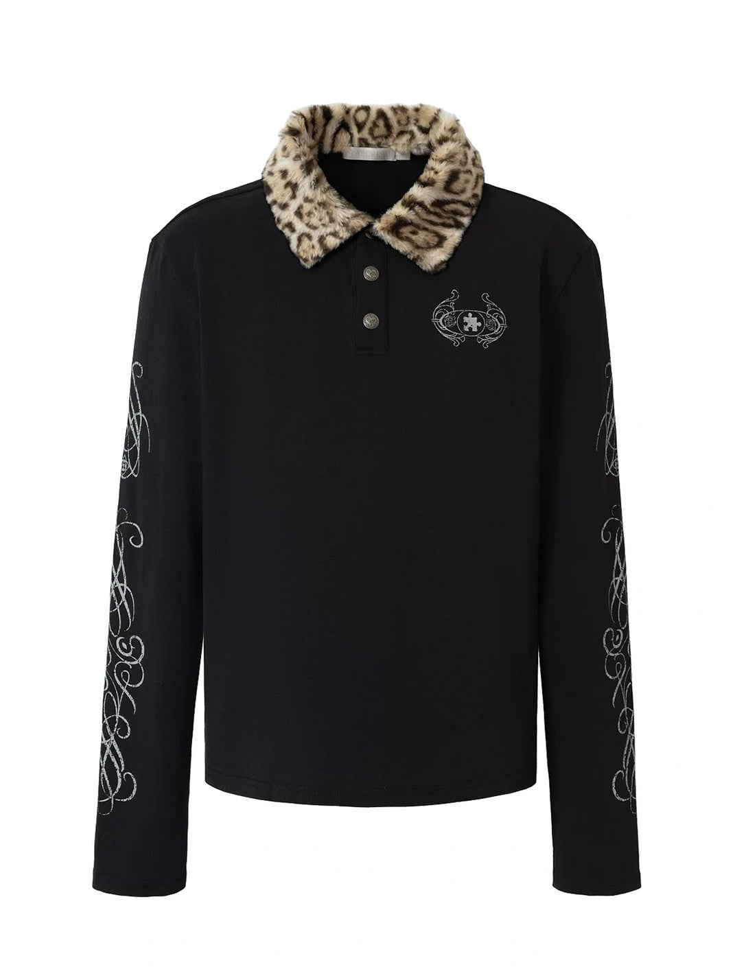 YADcrew Removable Leopard Collar Long Sleeve Polo Shirt - Black