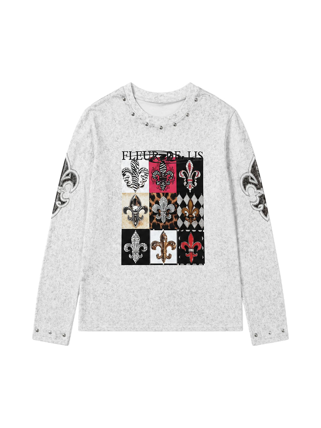 PAIKI Distressed Fleur-De-Lis Checkered Long Sleeve Tee - White