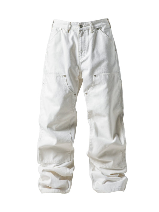 KARMANISTIC Rivet-Trim Loose Straight Leg Cargo Jeans - White