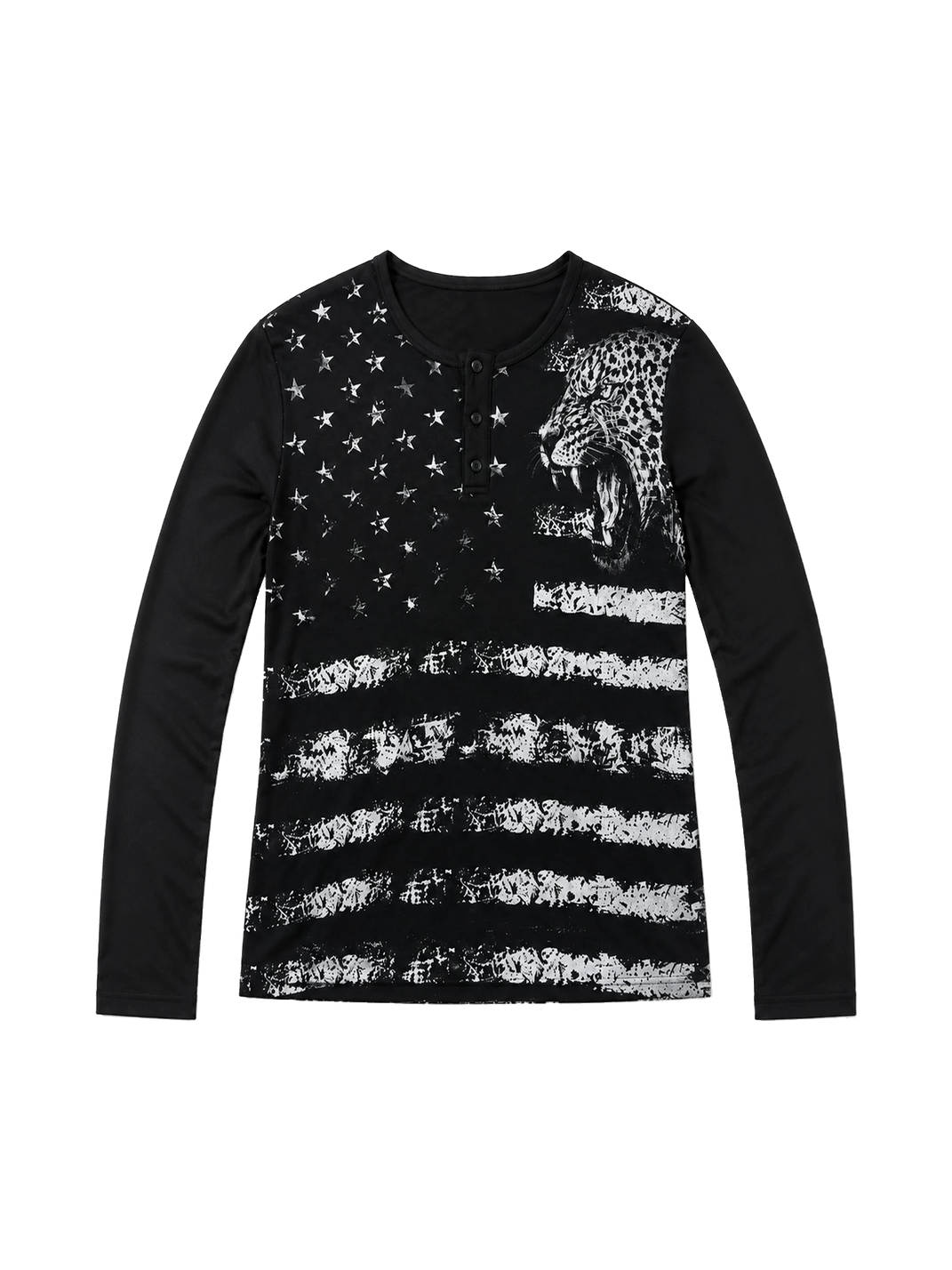 PAIKI Vintage Leopard Henley Long Sleeve Shirt - Black