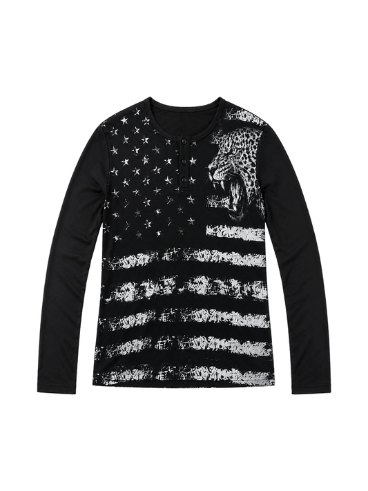 PAIKI Vintage Leopard Henley Long Sleeve Shirt - Black