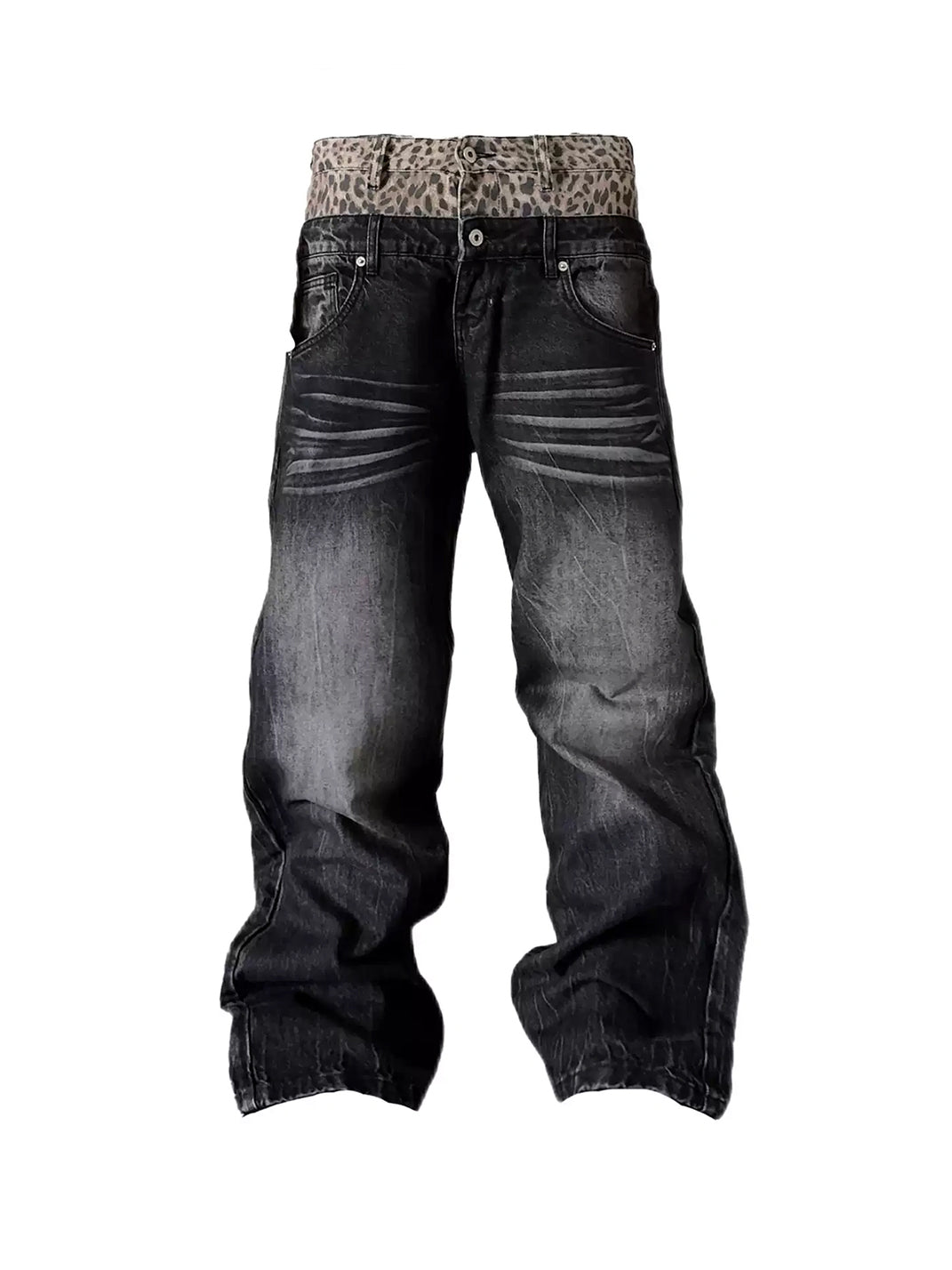 NumbAsia Leopard-Trim Washed Baggy Jeans - Black