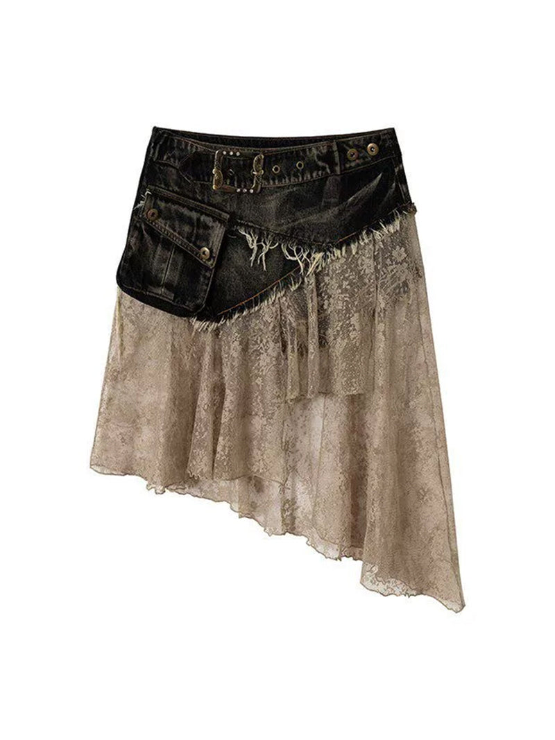 NO ROMANCE Spliced Lace Asymmetric Denim Skort - view 1