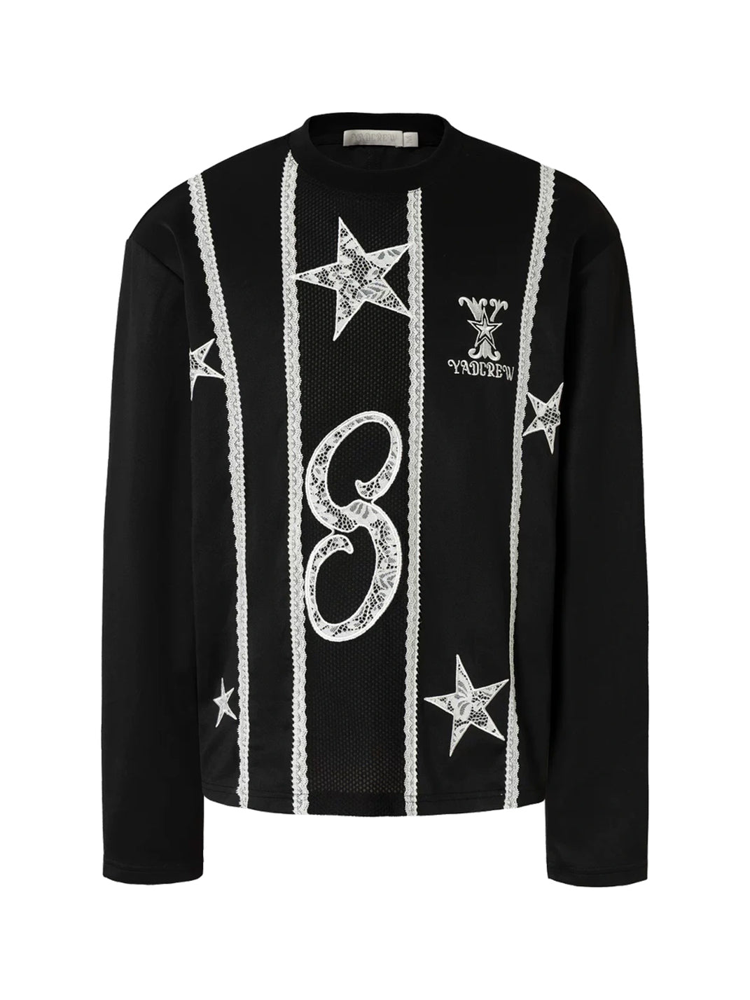 YADcrew Unisex Lace Stripe Embroidered Long Sleeve Top - Black