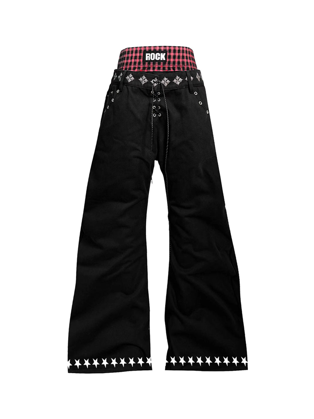 DETW Drawstring Lace-Up Color-Blocked Curved Jeans - Black