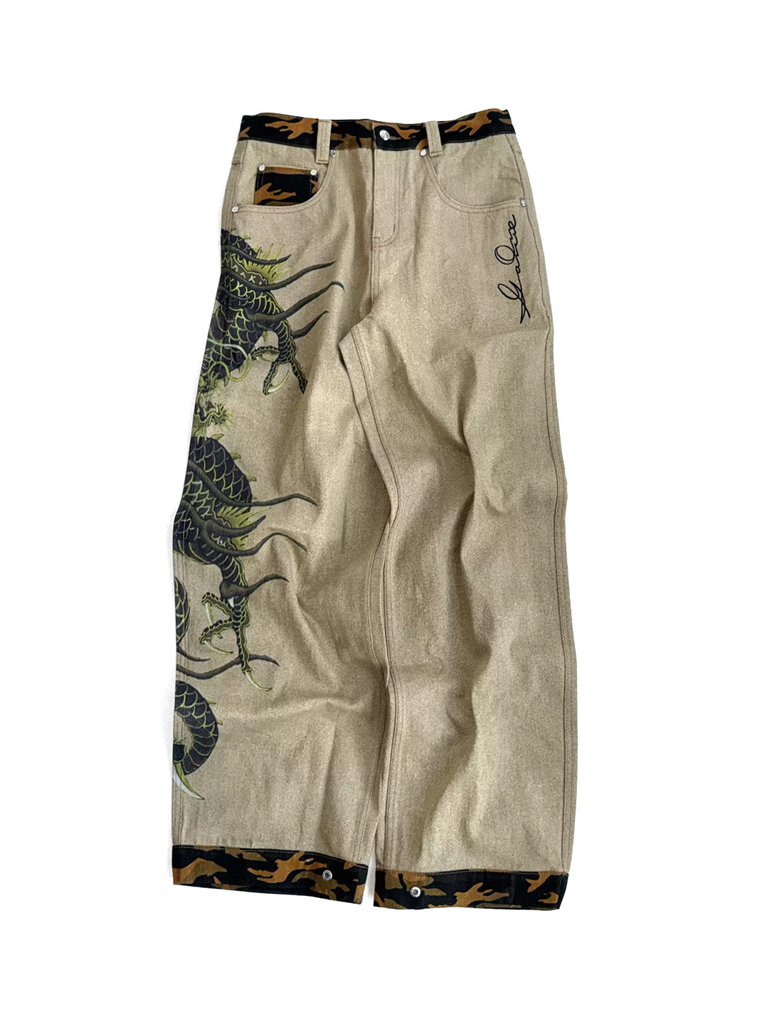 Game one 26FW Camouflage Dragon Wide-Leg Jeans - Khaki