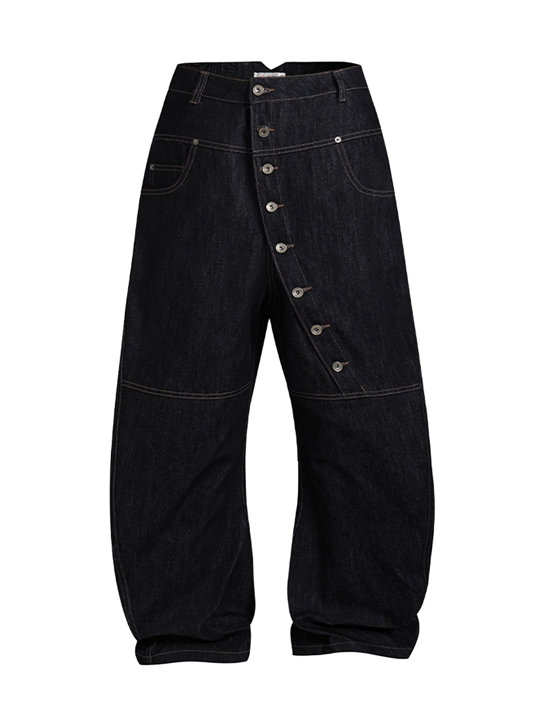DND4DES Curved Diagonal Button Fly Baggy Raw Jeans - Black