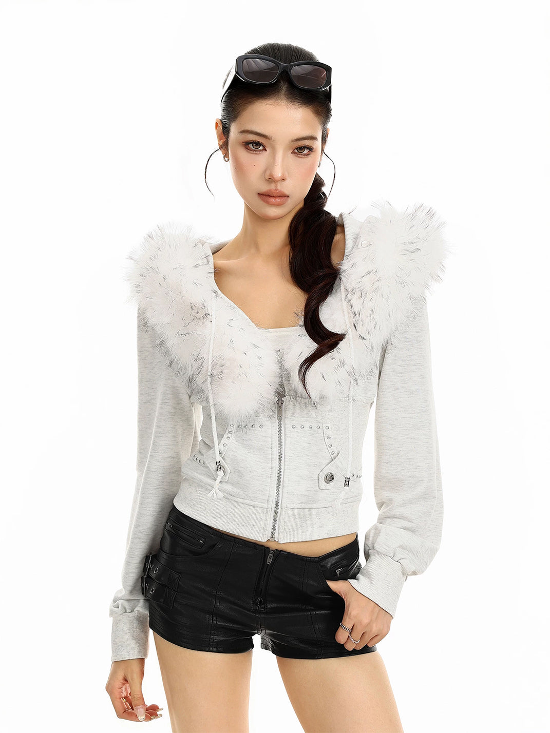 BIGGOLD Short Detachable Fur Trim Hooded Zip Jacket - White