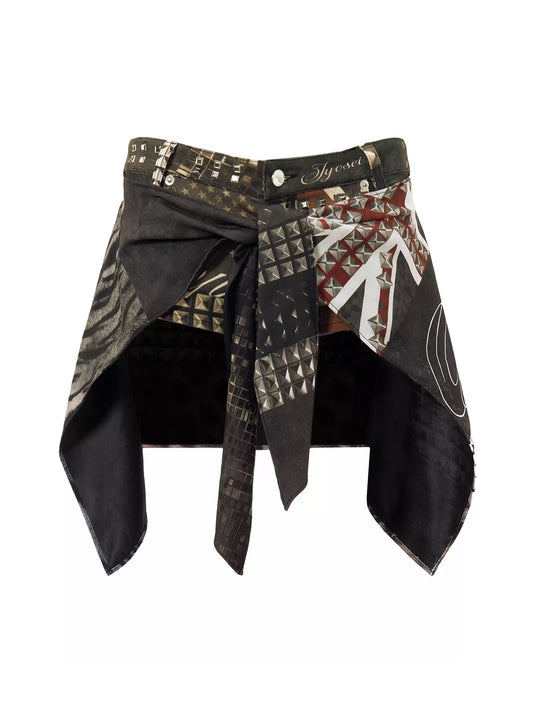 JYOSEI Patchwork Print Asymmetric Layered Wrap Shorts - Patchwork Print