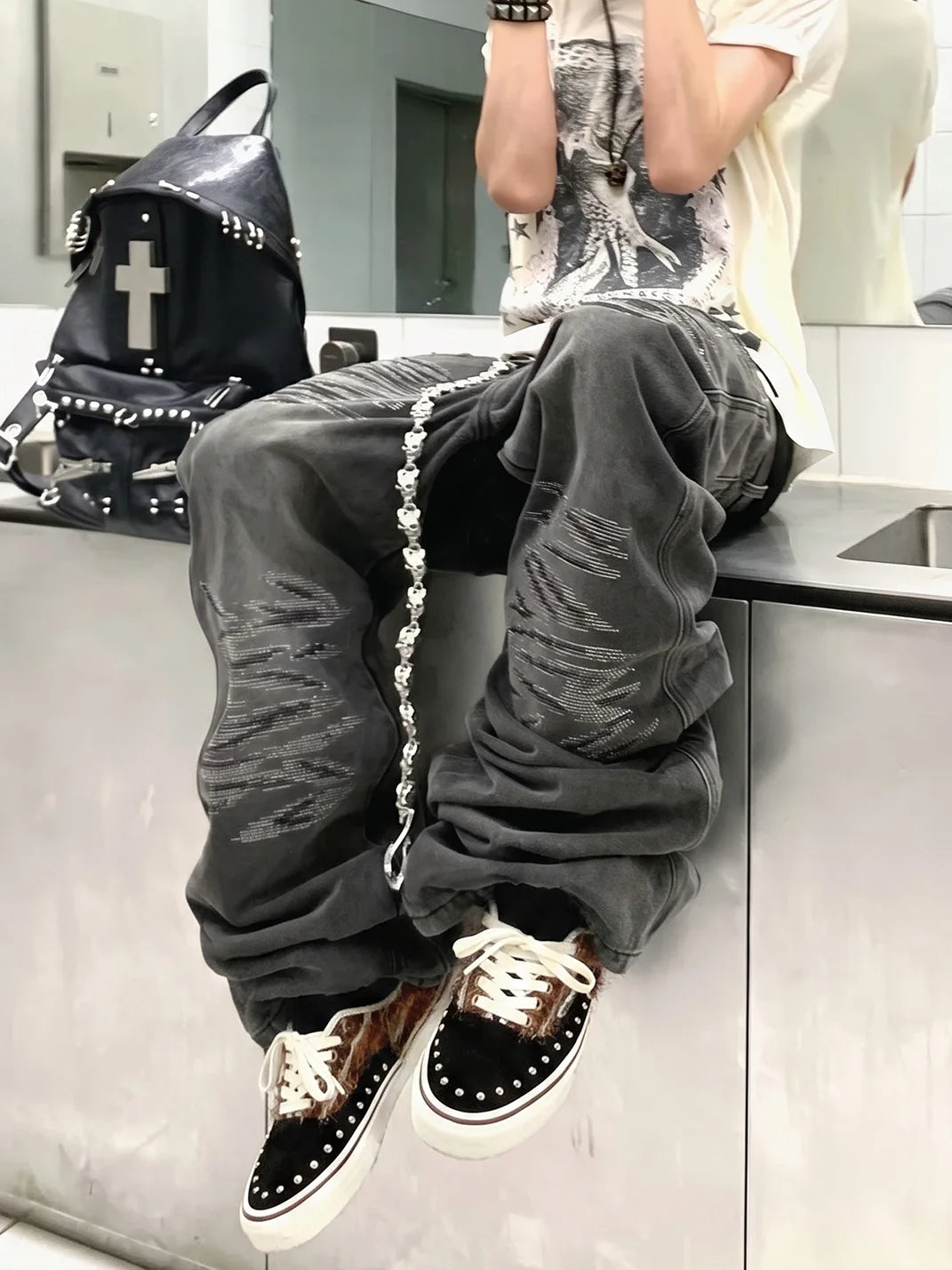 ZDZZFT Studded Rhinestone Mohair Punk Distressed Low-Cut Sneakers - view 2