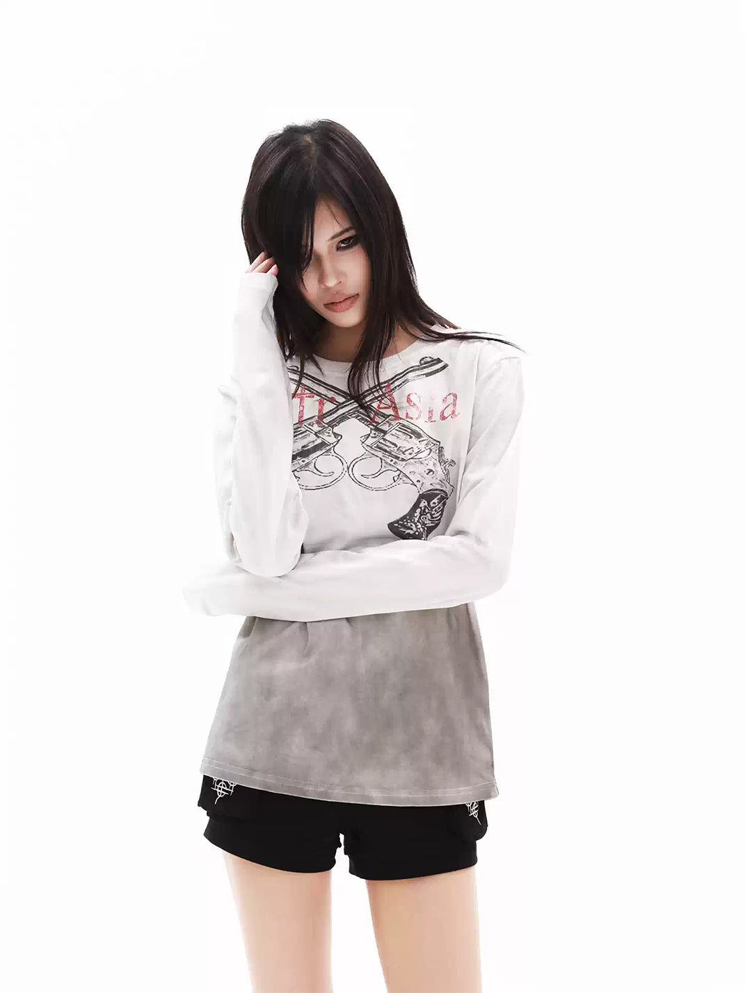 DETW Washed Distressed Dirty Dye Dual Gun Slogan Graphic Long Sleeve T-Shirt - view 2