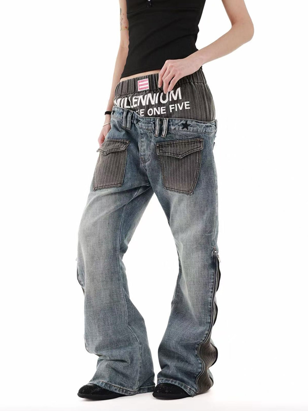 DETW Double Waist Diagonal Paneled Striped Print Jeans - view 2