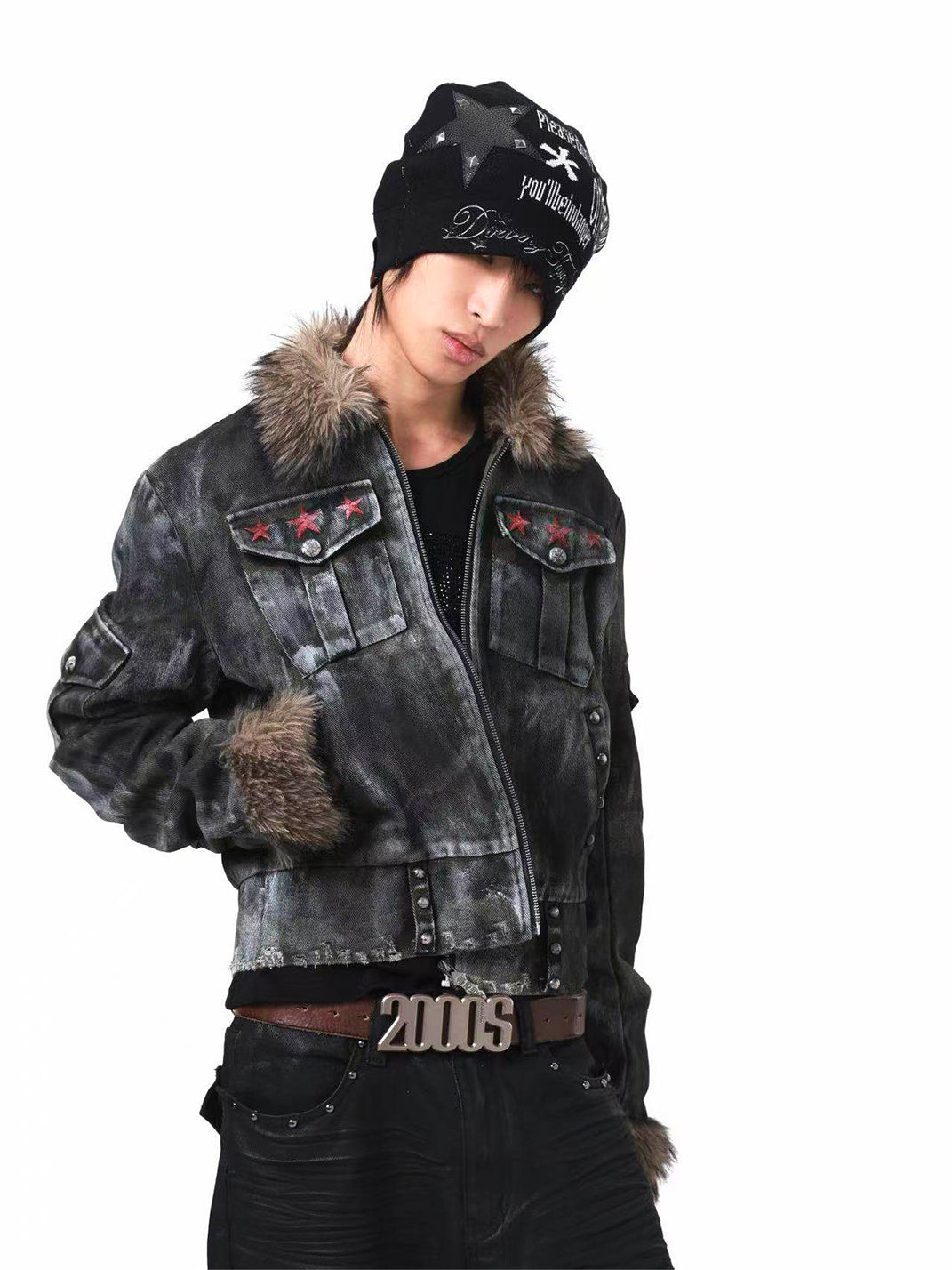DETW Asymmetric Distressed Studded Fur Collar Jacket - view 2
