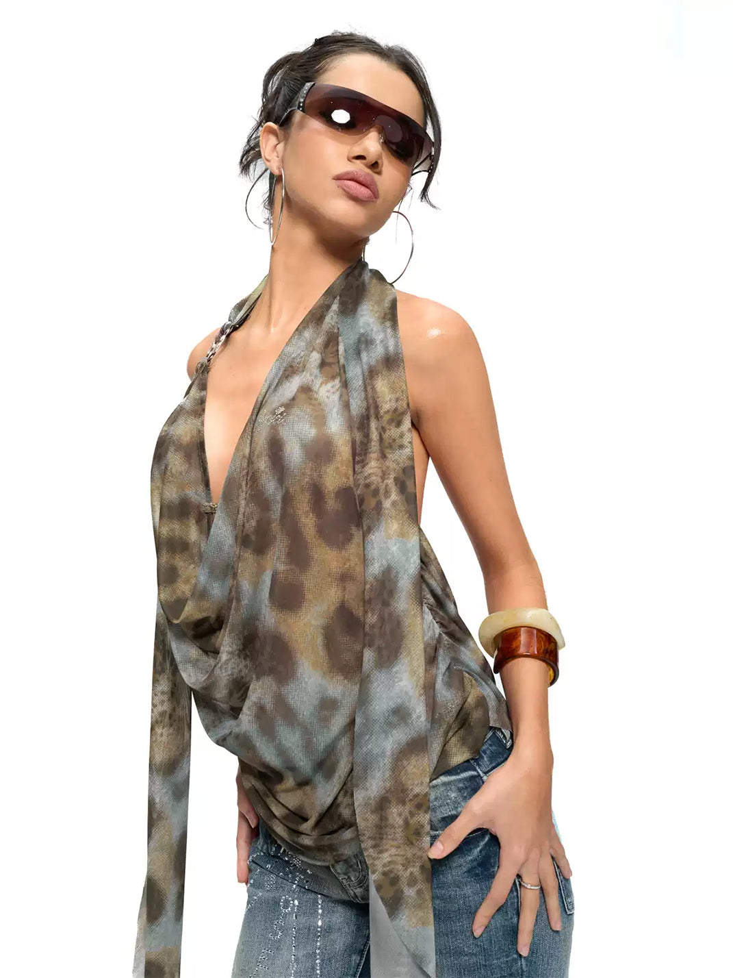 JYOSEI Leopard Print Draped Halter Top - view 2
