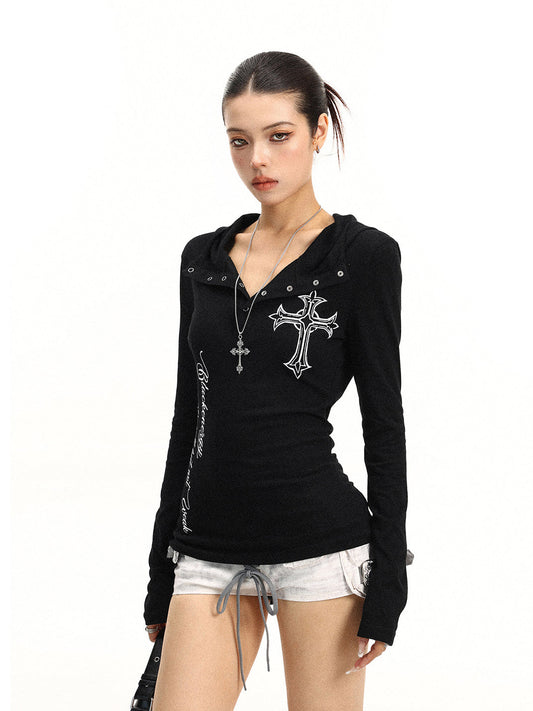 BIGGOLD Henley Neck Cross Printed Long Sleeve T-Shirt - view 2