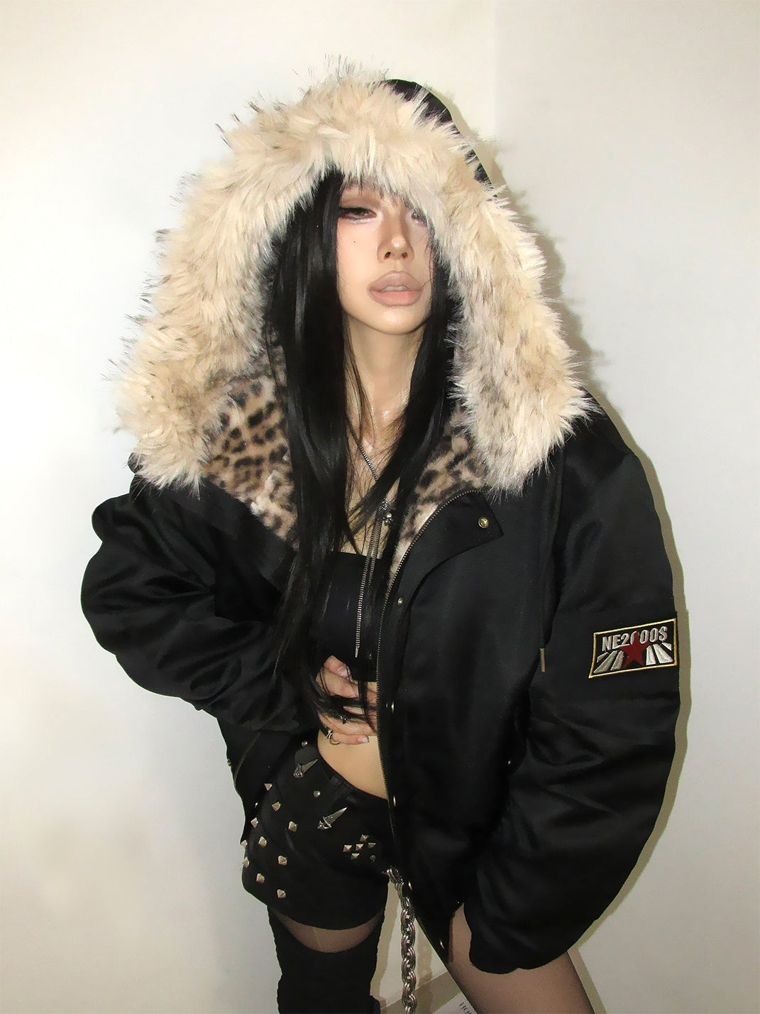 noEmosen Leopard Print Hooded Jacket With Plush Collar - view 2