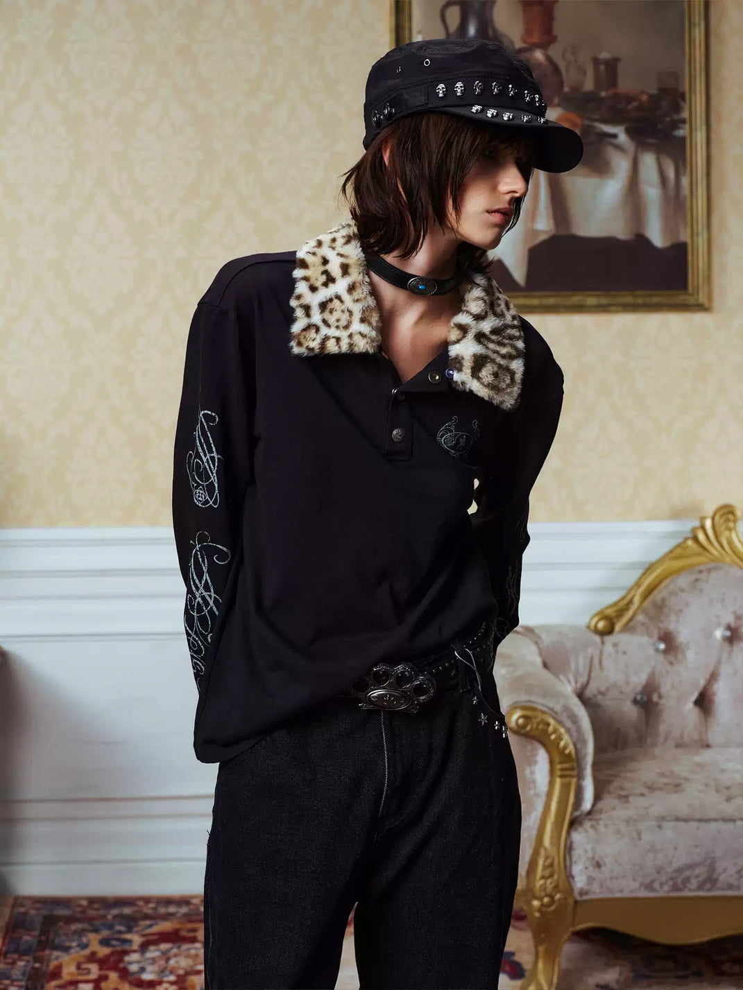 YADcrew Removable Leopard Collar Long Sleeve Polo Shirt - view 2