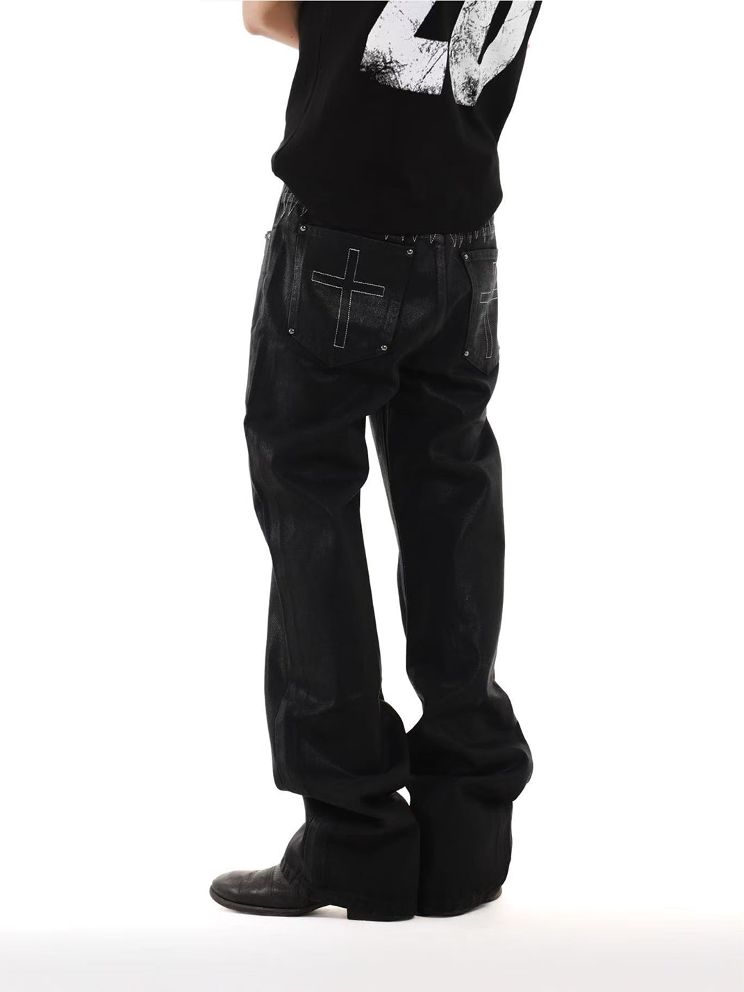 DETW Wax-Coated Asymmetric Stacked Jeans - view 2