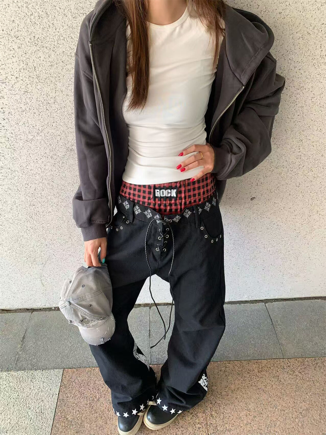 DETW Drawstring Lace-Up Color-Blocked Curved Jeans - view 2