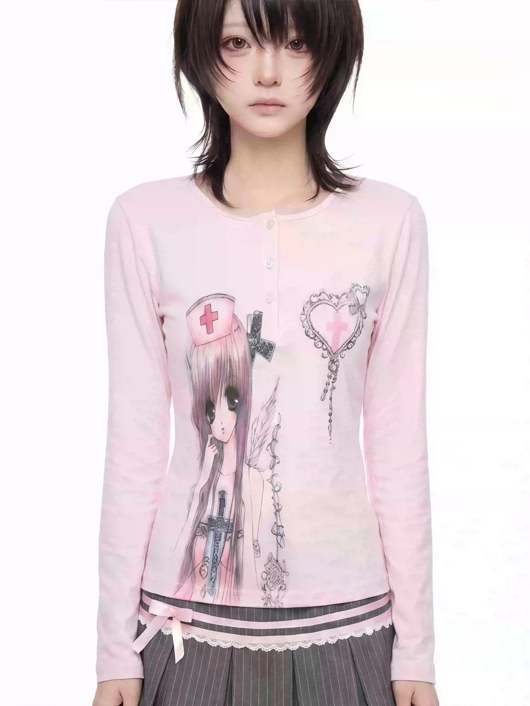 WEBBAR Pink Anime Cartoon Graphic Long Sleeve T-Shirt - view 2