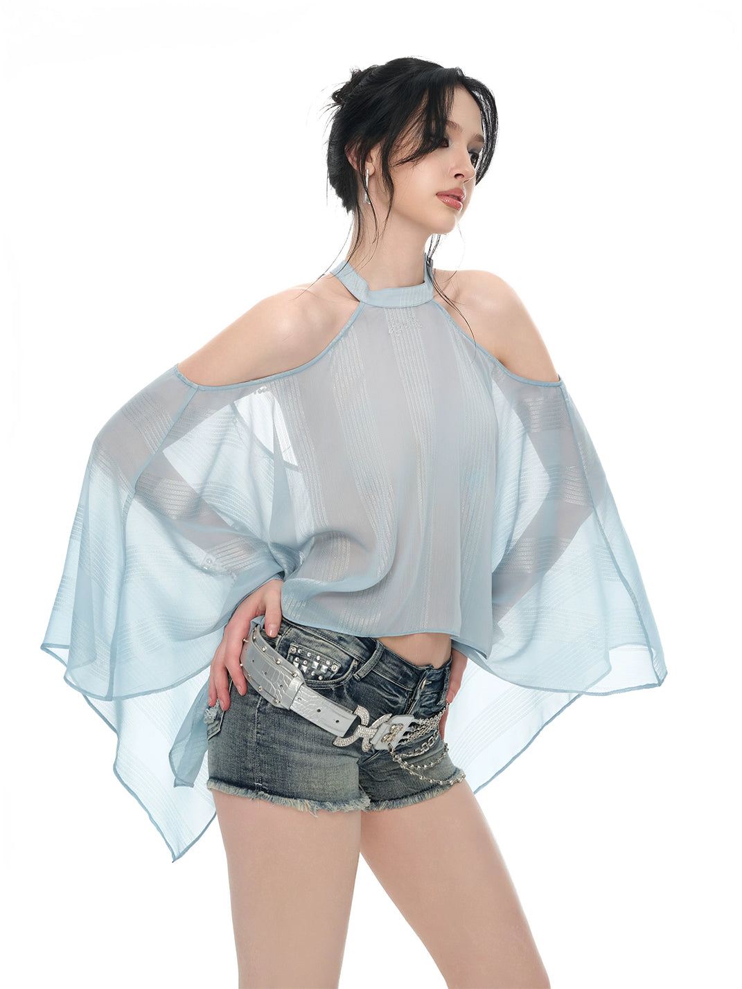 JYOSEI Light Blue Sheer Chiffon Off-Shoulder Chain Trim Top - view 2