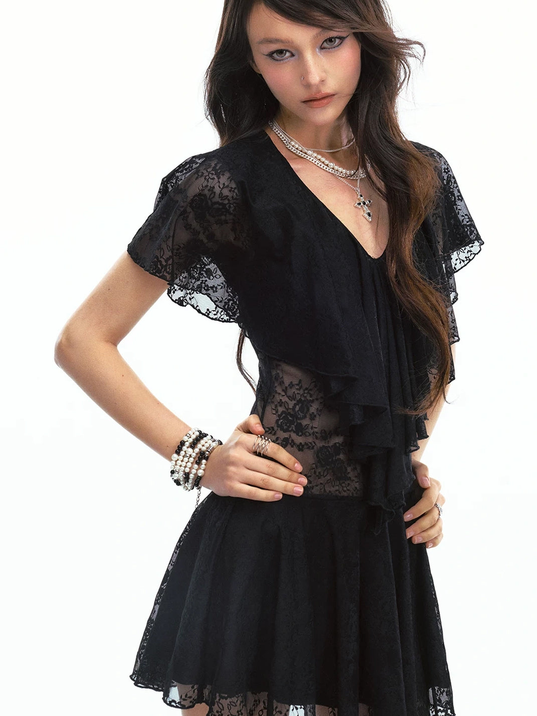 SereneEase Sheer Lace Deep V-Neck Close-Fit Mini Dress - view 2